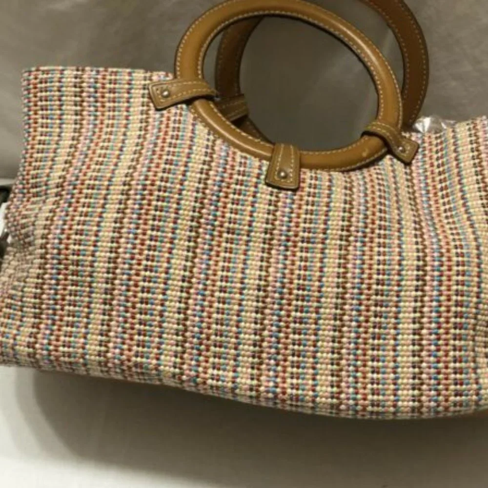 Fossil Brown Coated Straw Satchel Shoulder Bag Wicker Tote Handbag Timeless Look